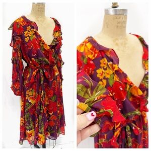 Calvin Klein Red and Purple Floral Chiffon Midi Dress